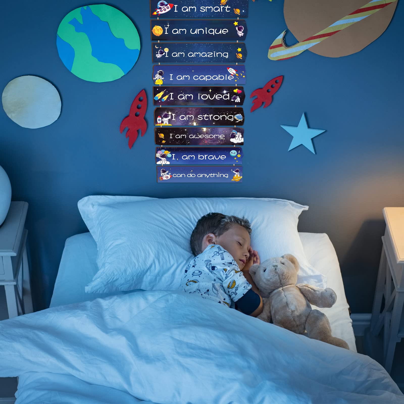 Chunful motivational wall hanging adds colorful space-themed room accents.