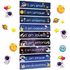 Chunful space wood plaques set adds color to kids' room with astronaut motifs.