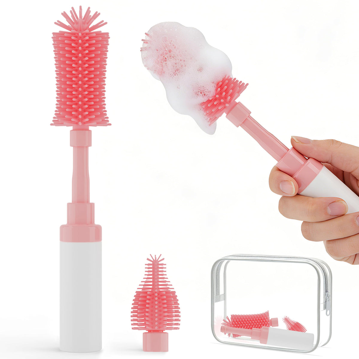 Chuya bottle brush kit with foam dispenser showing quick lather for baby bottles