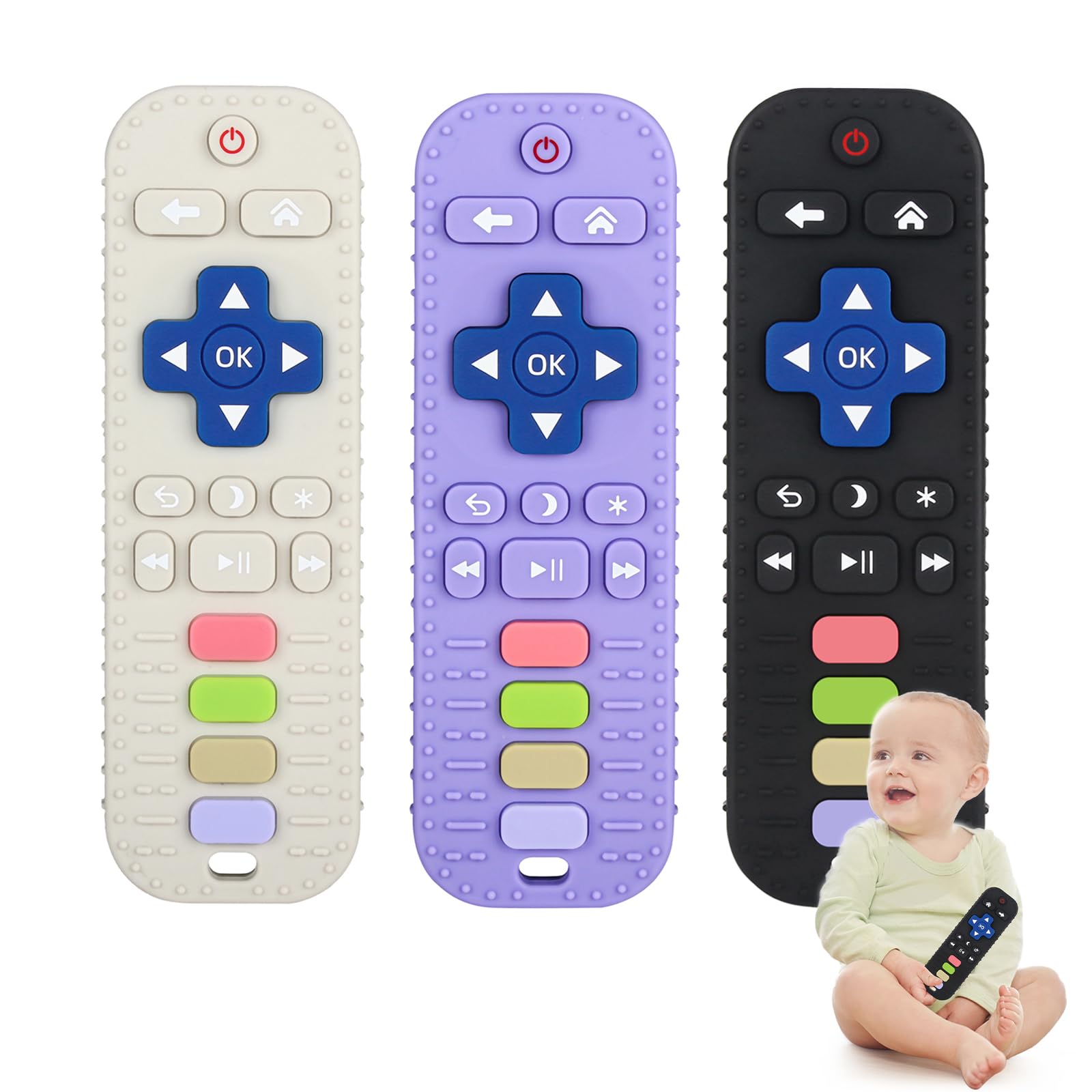 Chuya silicone baby teether remote shape 3-pack eases teething discomfort.