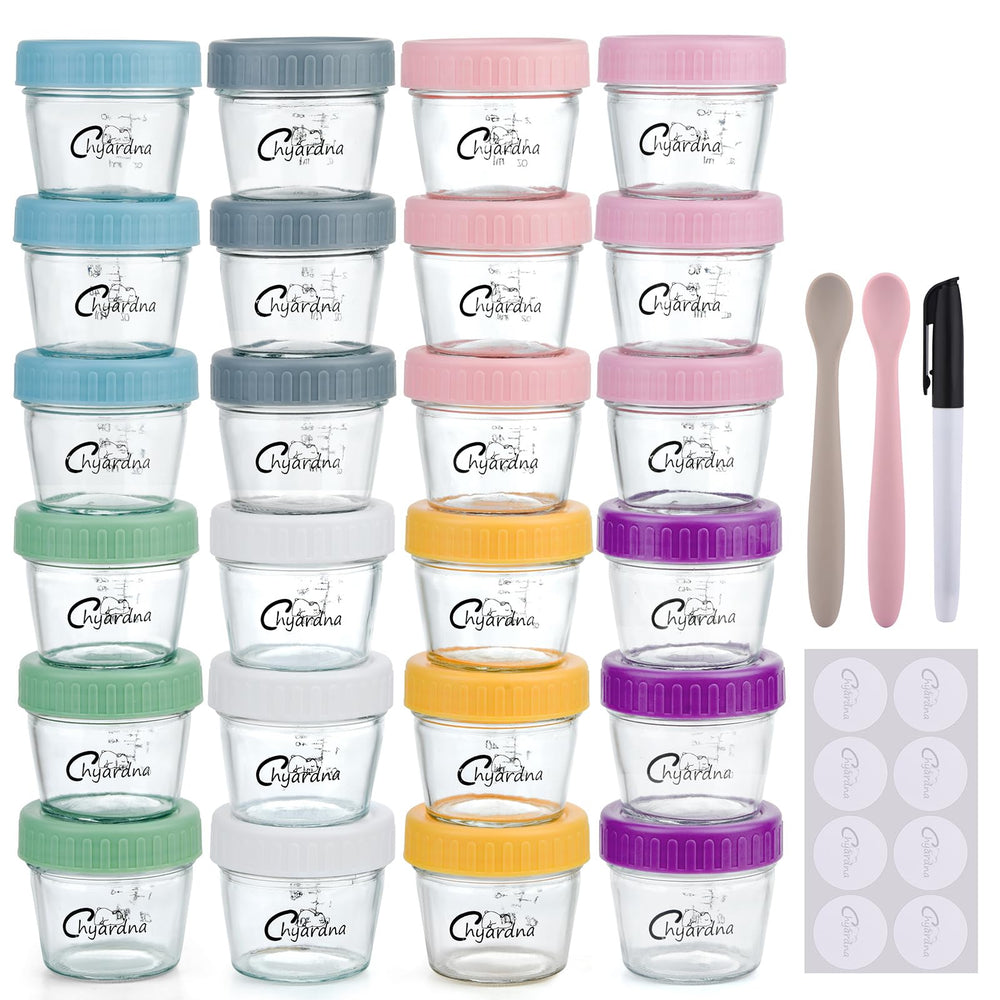 Chyardna 24-pack glass baby food containers for versatile, leakproof storage of homemade meals.