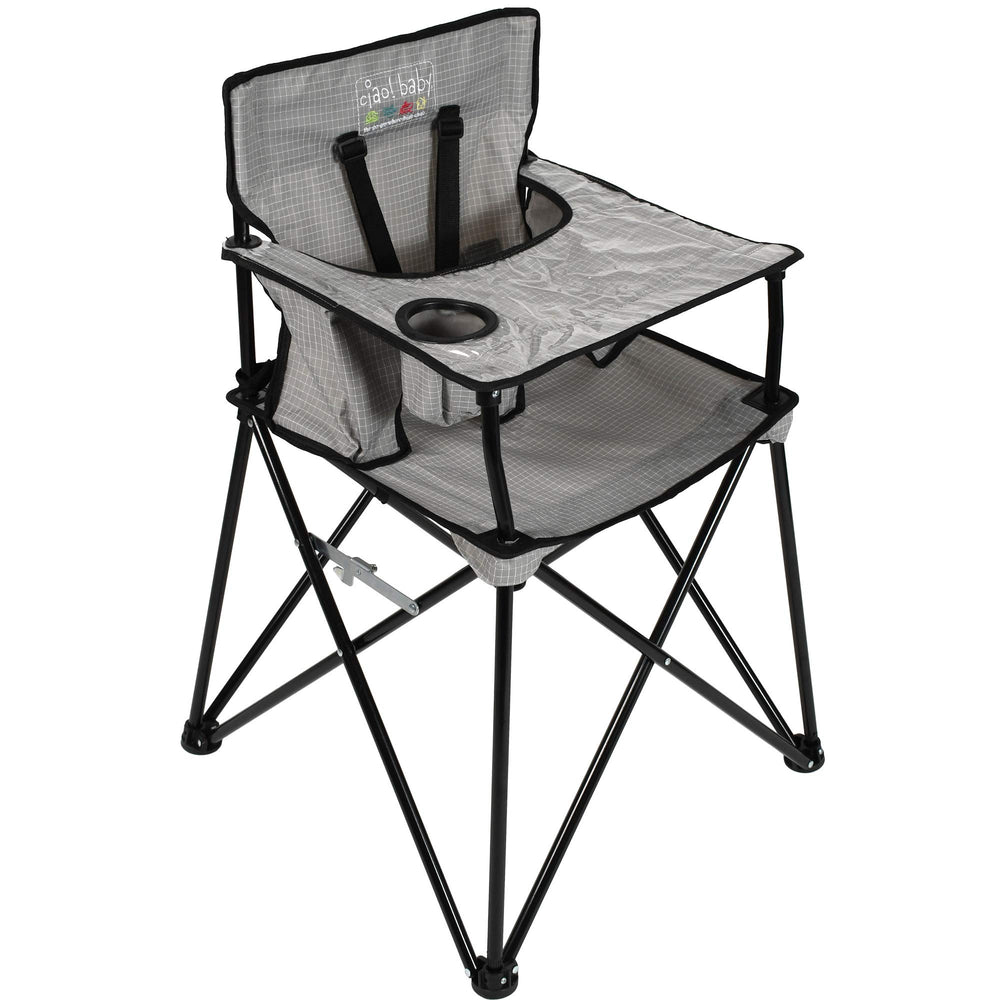 ciao! baby portable high chair in grey check for traveling families on the go.