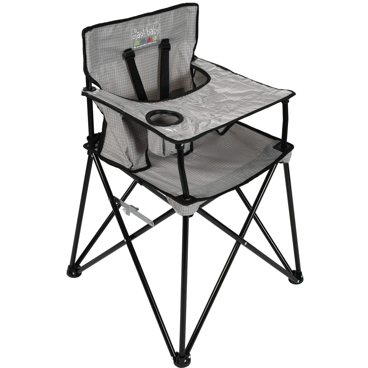 ciao! baby portable high chair in grey check for traveling families on the go.