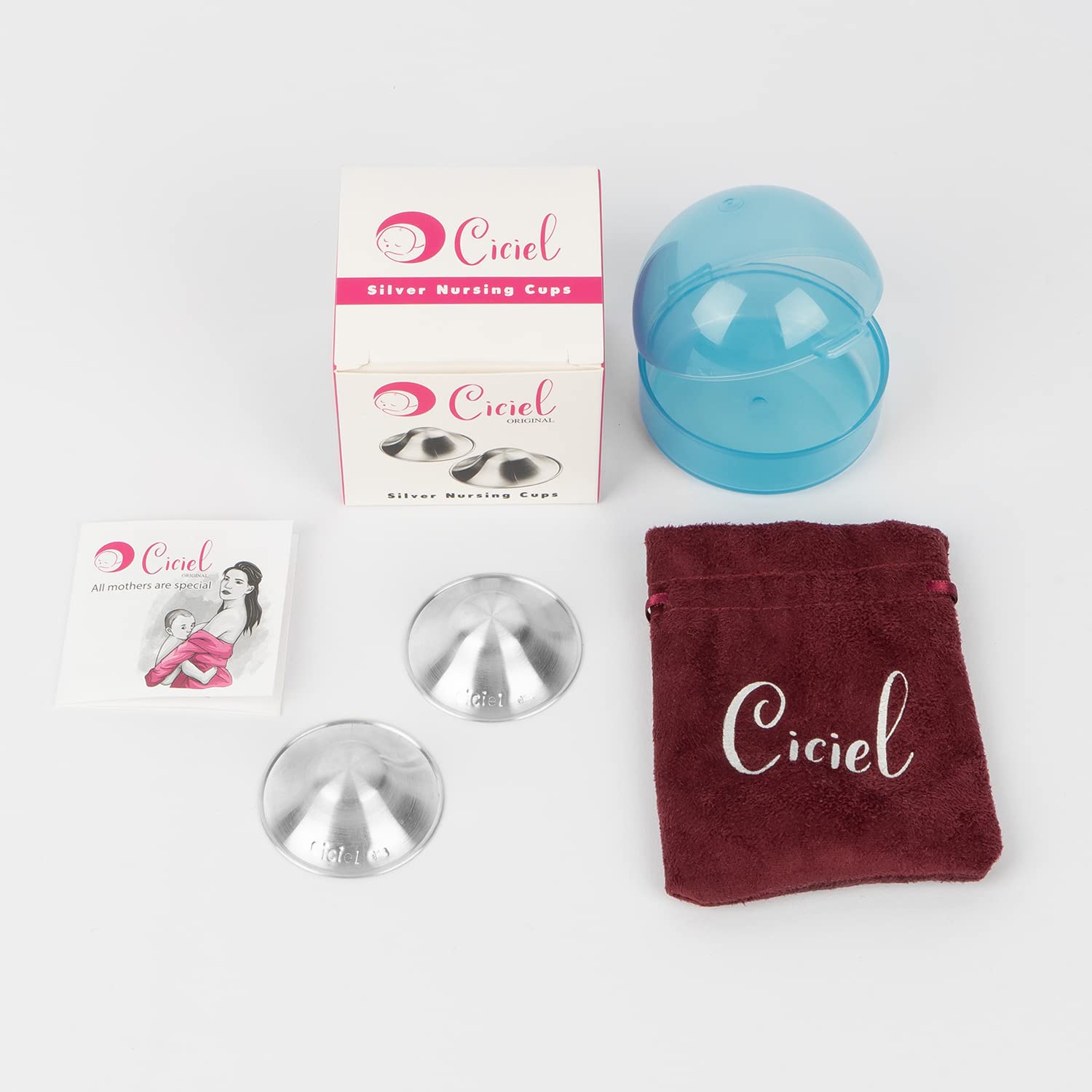 Ciciel silver nursing cups inside carrying case for convenient travel storage.