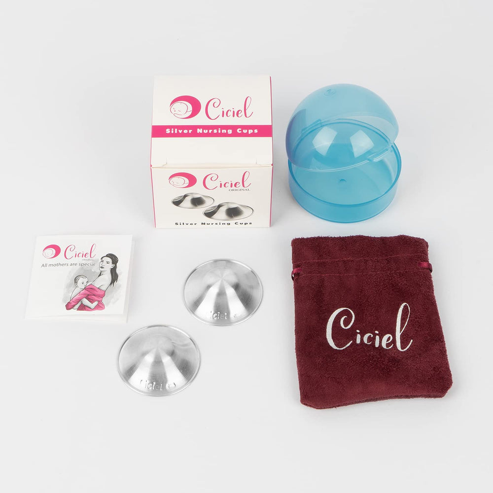 Ciciel silver nursing cups inside carrying case for convenient travel storage.
