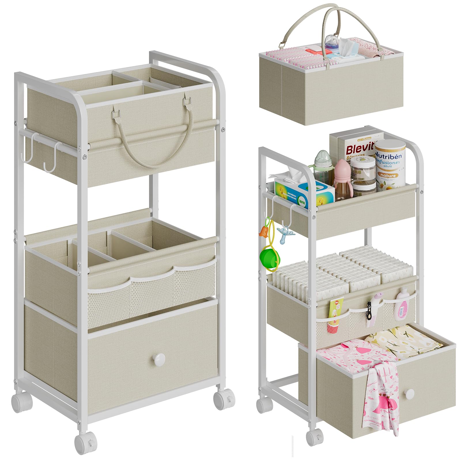 Cidaziya 2In1 diaper caddy on a 3-tier cart for organized nursery storage.