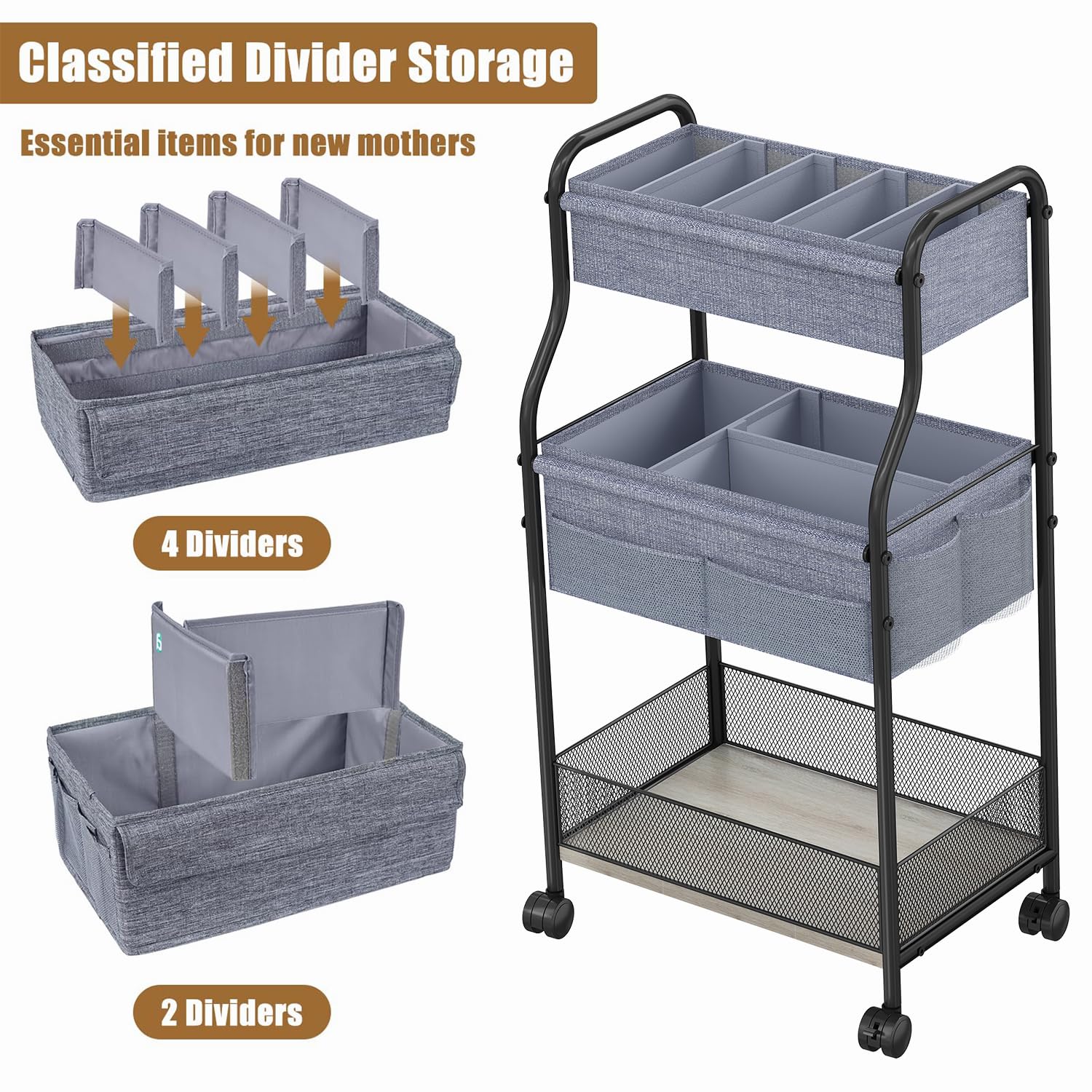 Cidaziya bottom tier spacious for bulky items like formula boxes and bundles.