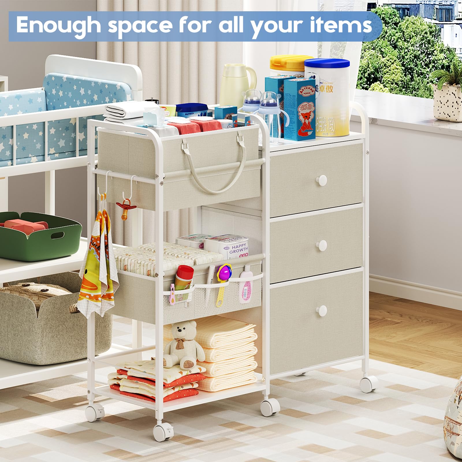 Cidaziya nursery storage cart keeps diapers, wipes, and toys within reach.