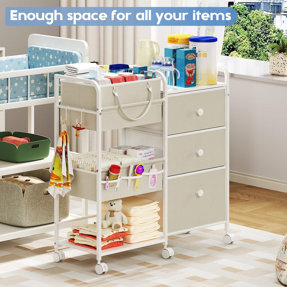 Cidaziya nursery storage cart keeps diapers, wipes, and toys within reach.