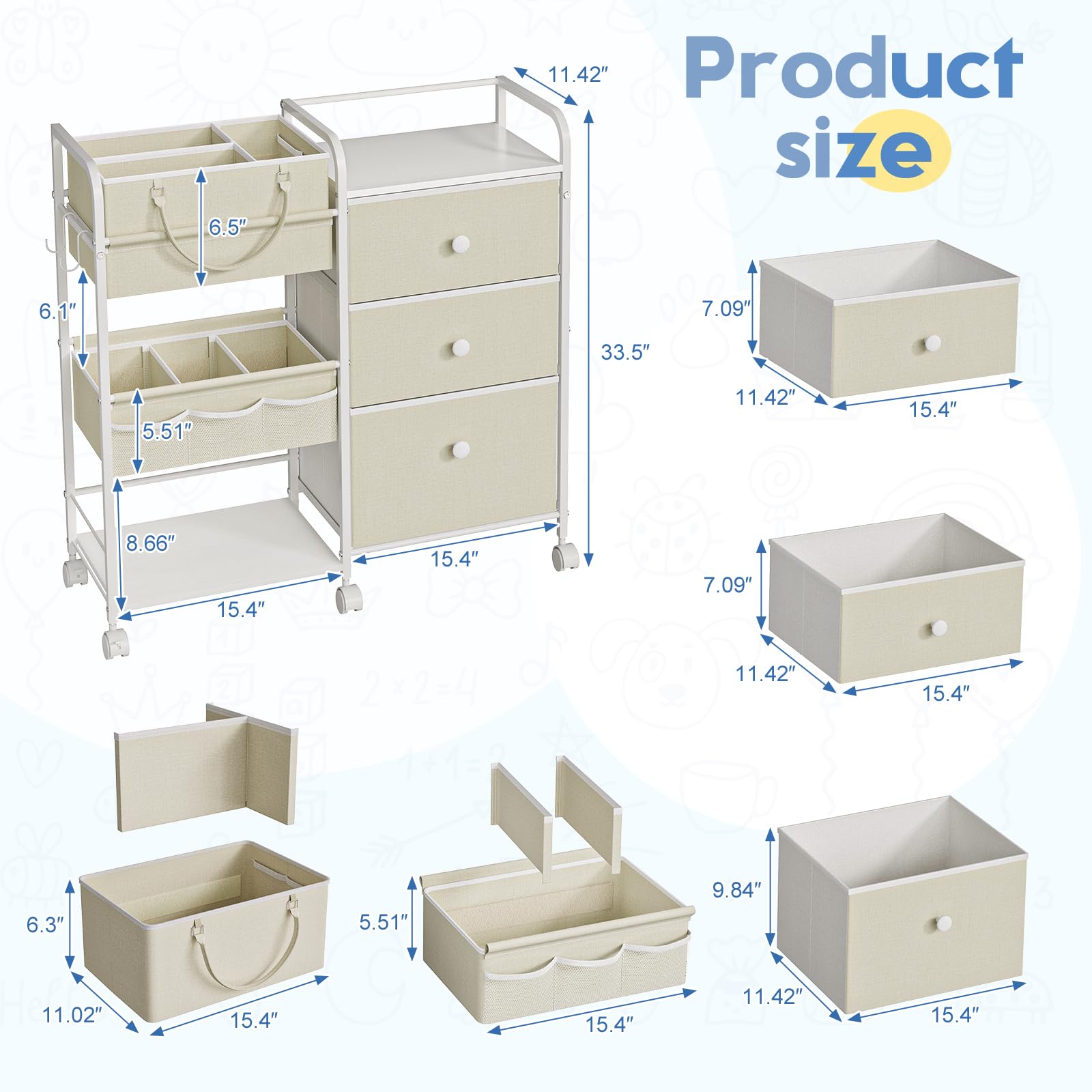 Cidaziya rolling baby dresser with wooden panel for easy mobility.