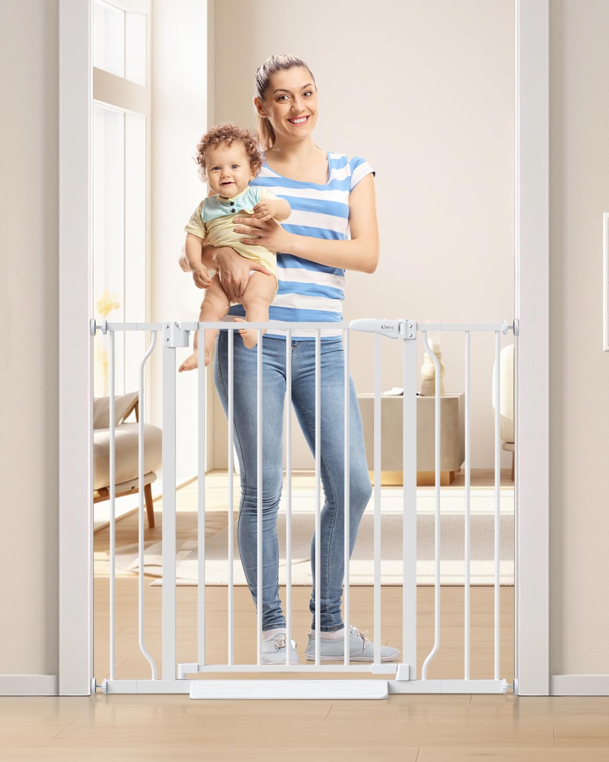 Cideny 34-inch extra tall gate for stairs keeps toddlers secure in high-traffic areas.