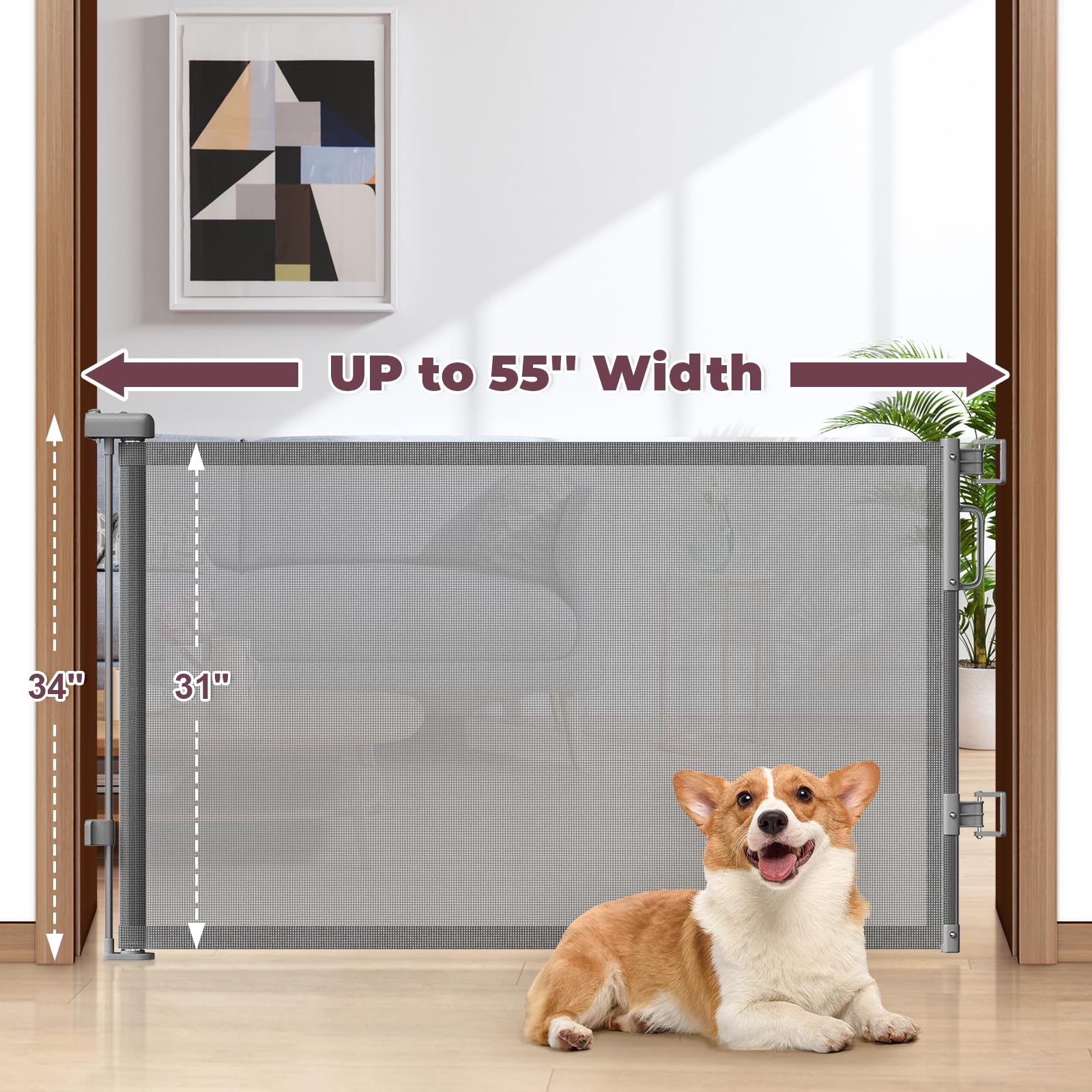 Cideny 34-inch tall mesh gate secures stairs and high-traffic pet areas