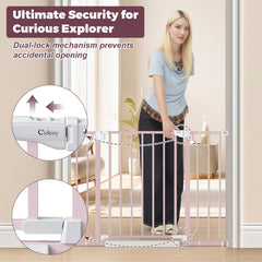 Cideny gate with anti-stumble pedal for smooth stroller transitions.