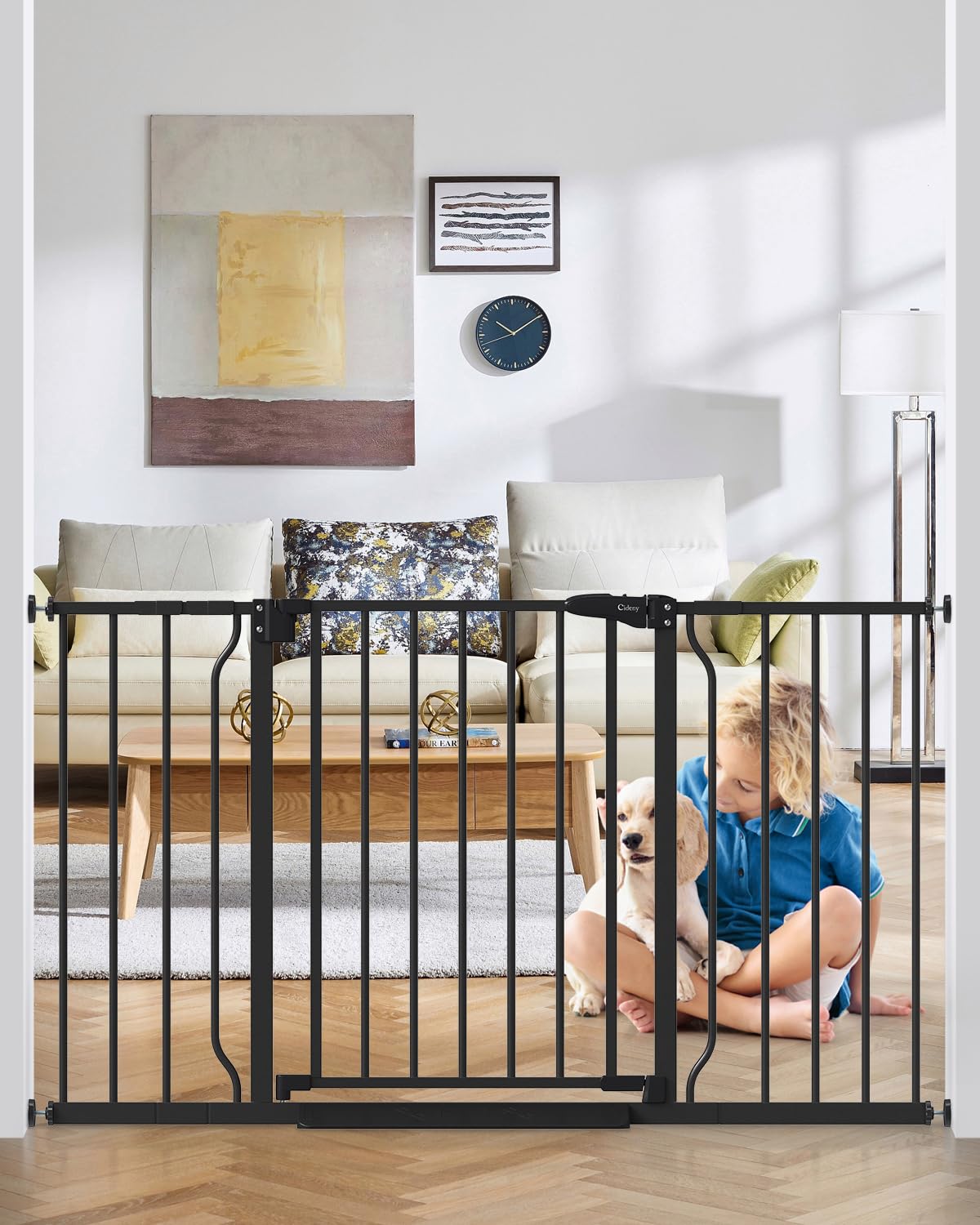 Cideny 29-51 wide baby gate for expansive doorways and stairs.