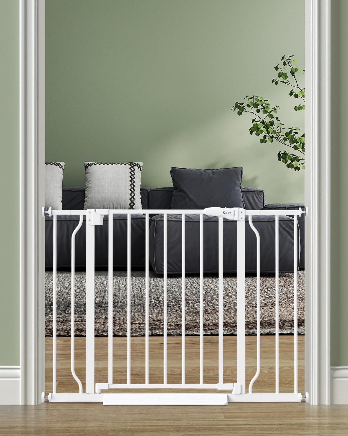 Cideny baby gate auto-close in doorway showing reliable self-closing action for safety