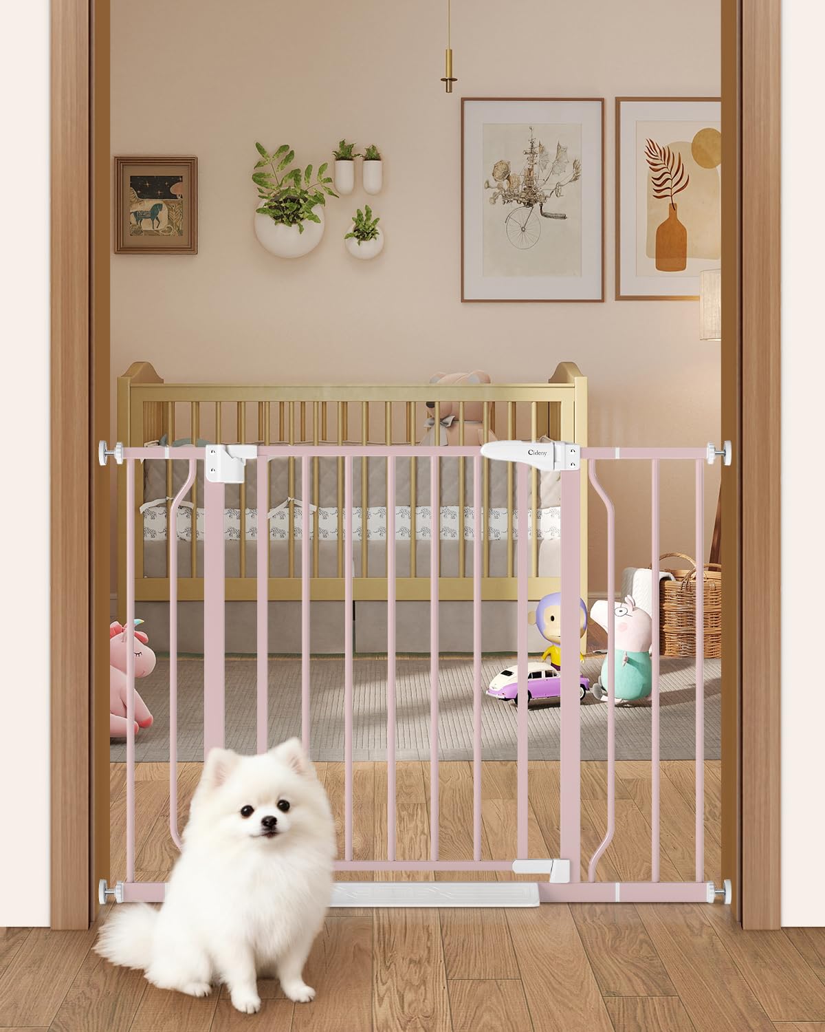 Cideny 29-40 in baby gate on stairs with auto-close mechanism.
