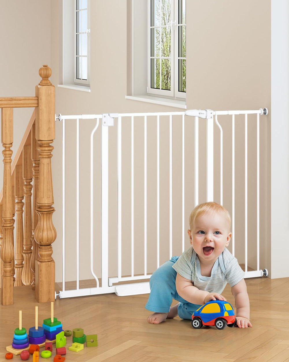 Cideny baby gate on stairs with auto-close for safe passage.