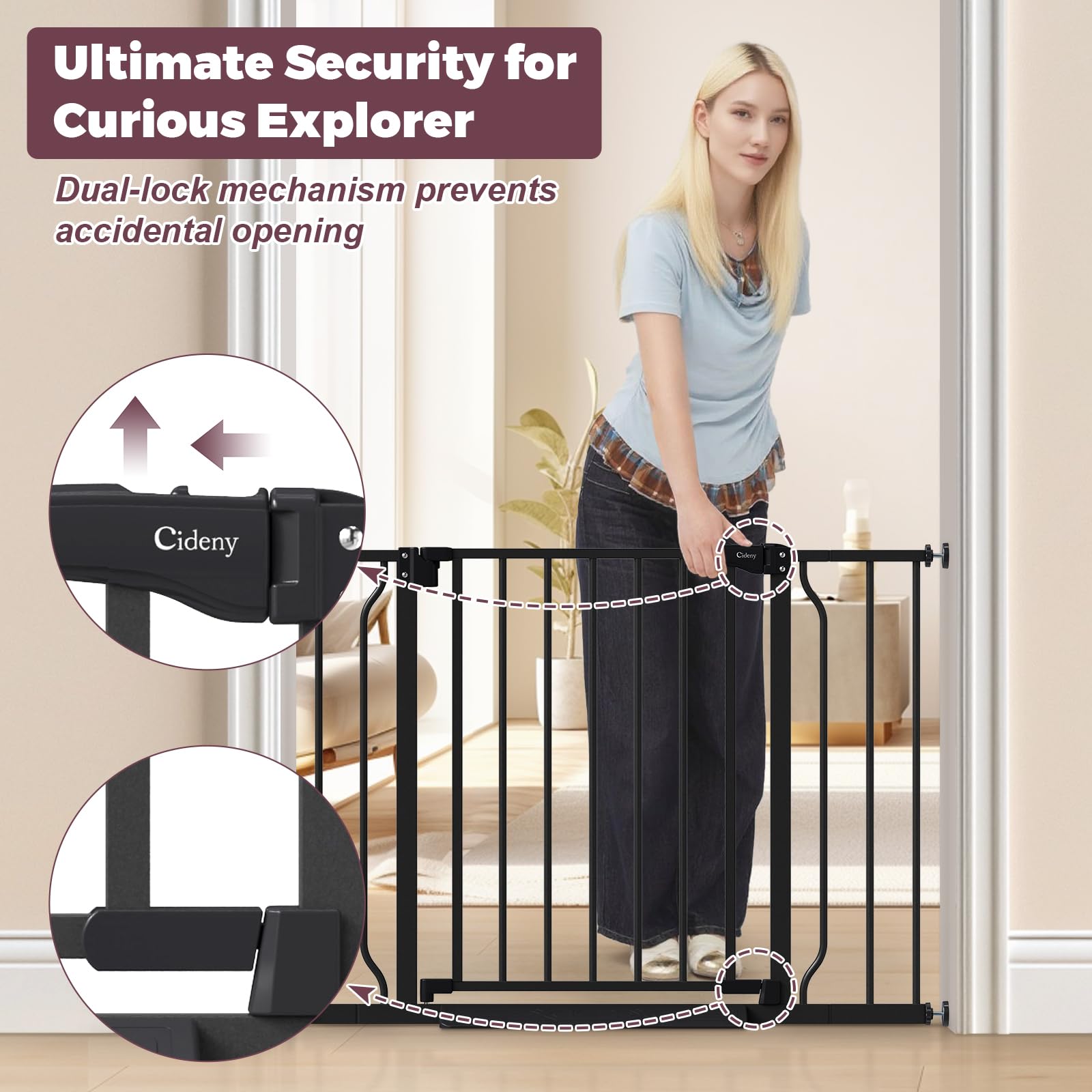 Cideny baby gate tool-free installation shows wall-friendly setup