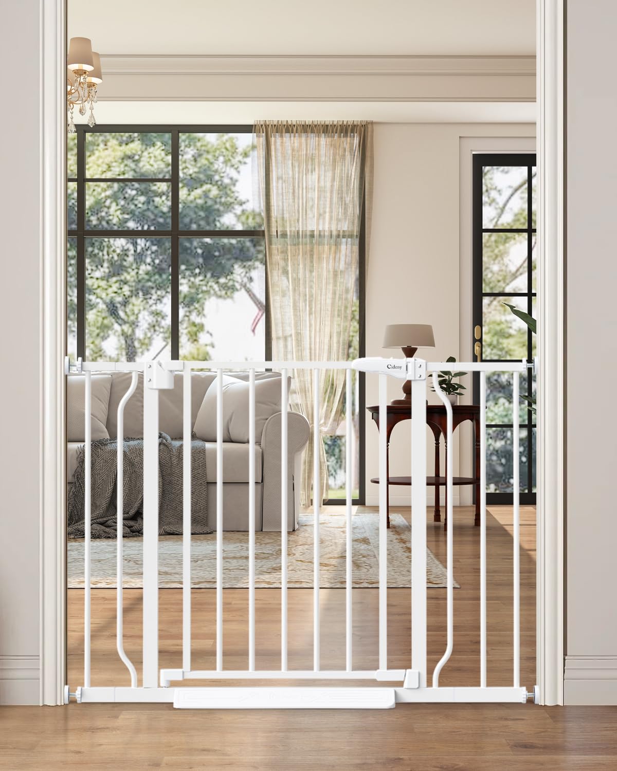 Cideny white gate blends with interior decor while maintaining open space