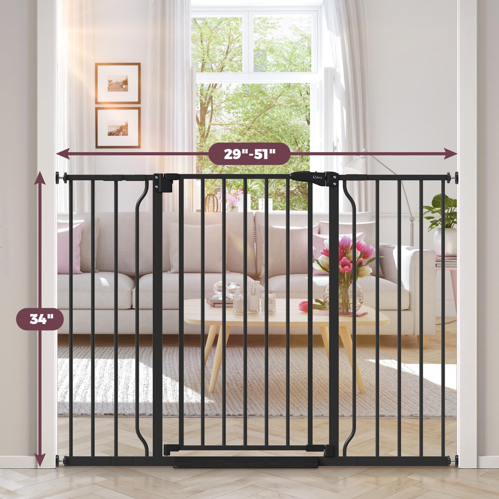 Cideny gate expands from 29 to 51 inches for wide doorways.