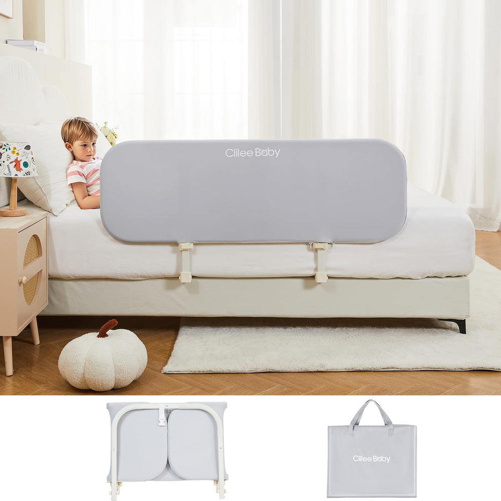 Ciilee Baby Bed Rail folded for travel in grey with 32-inch guard, ready to carry