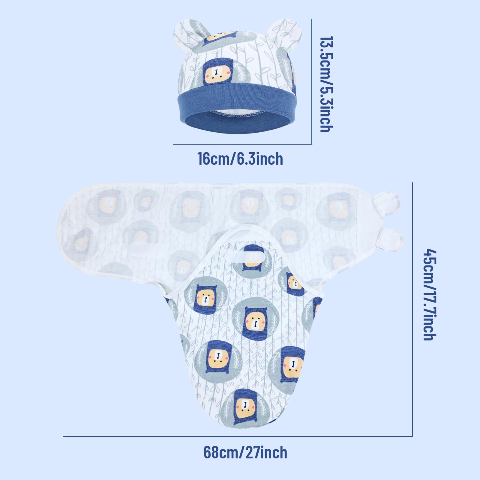 Cinaci blue swaddle set with prints and hat demonstrates complete newborn sleep wardrobe