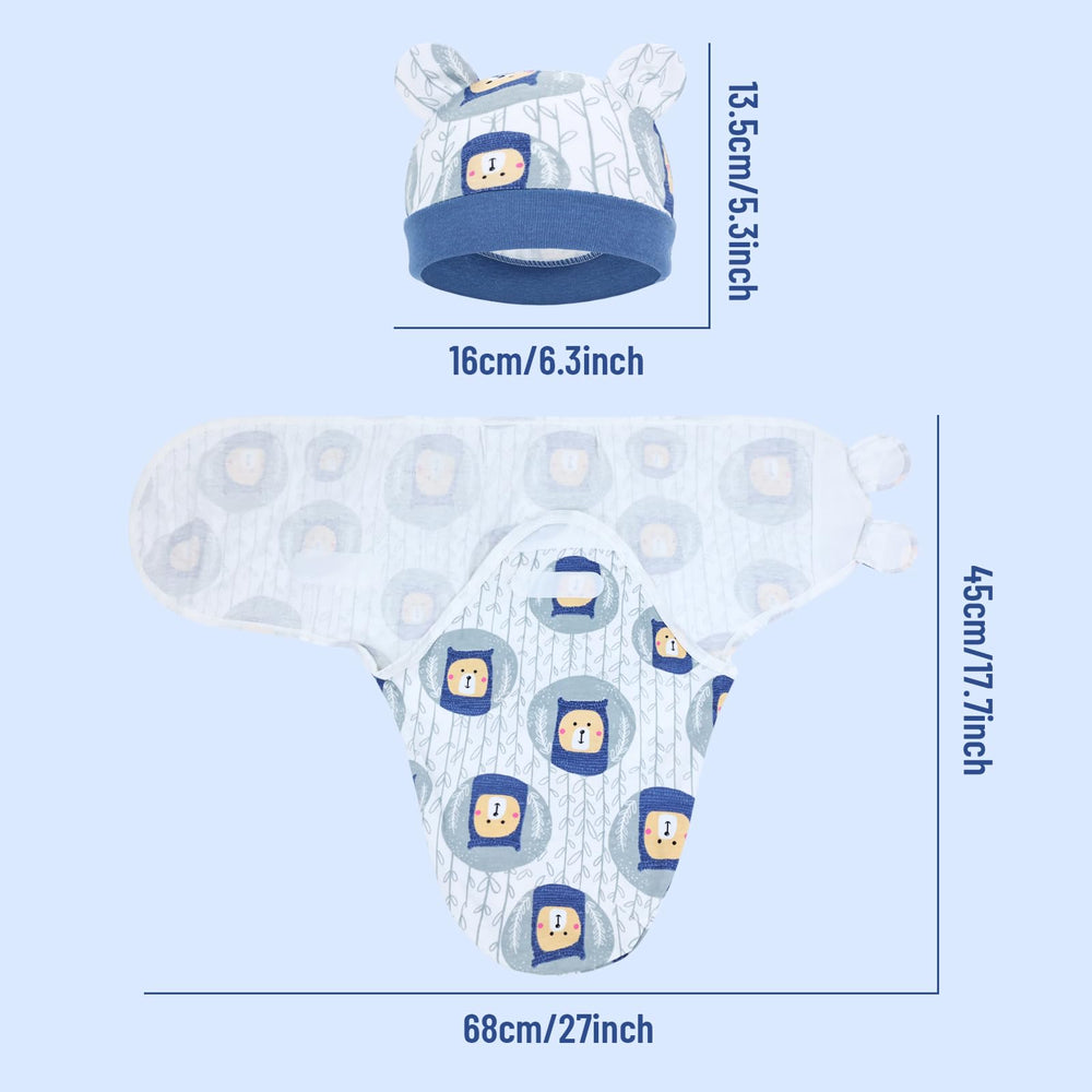 Cinaci blue swaddle set with prints and hat demonstrates complete newborn sleep wardrobe