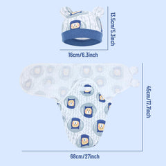 Cinaci blue swaddle set with prints and hat demonstrates complete newborn sleep wardrobe