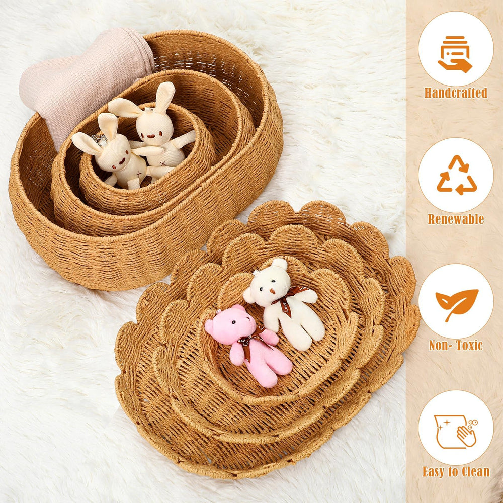 Cinnvoice scalloped basket with lid filled with towels for bathroom storage