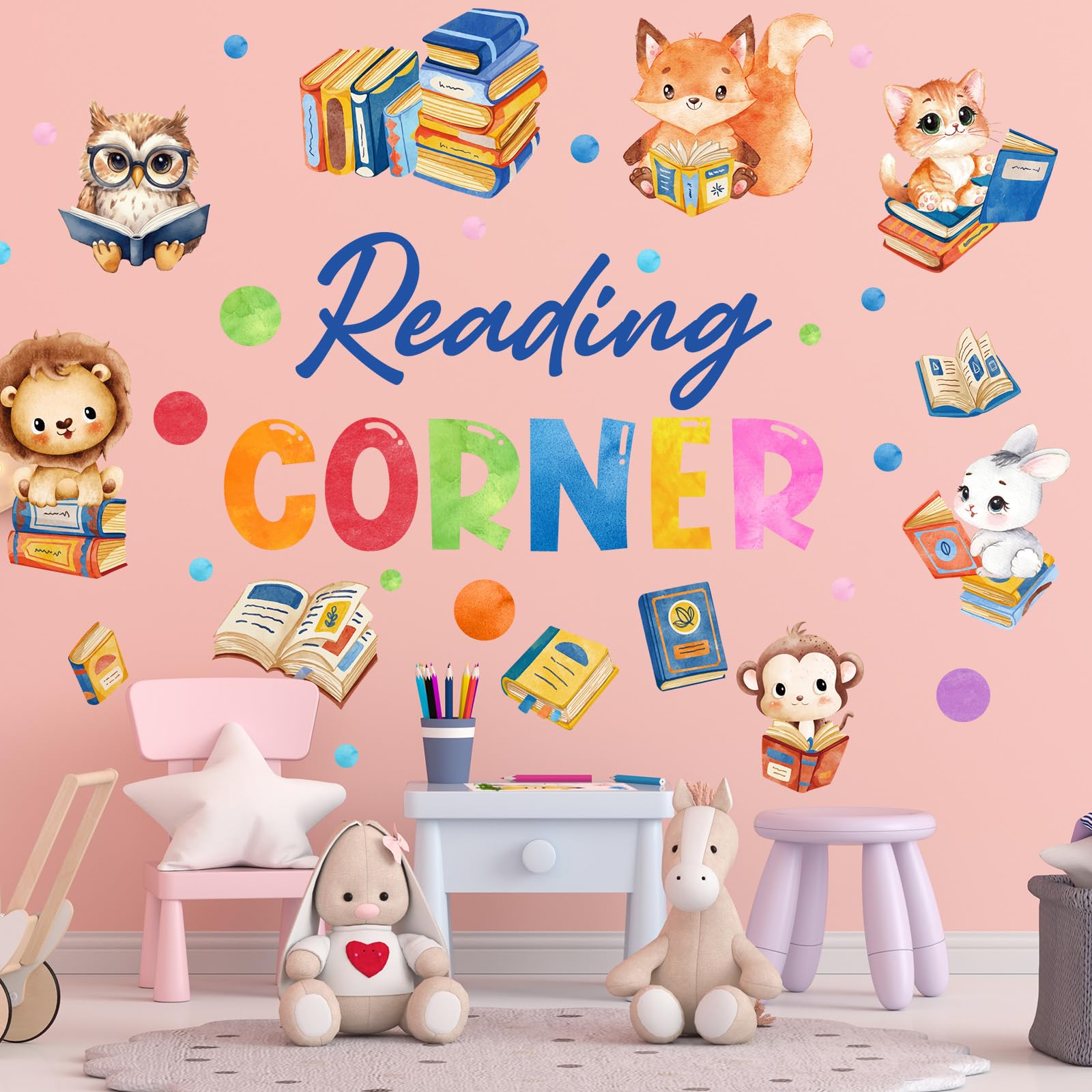 Cinrobiye woodland-animals-reading-decal enhances libraries, nurseries, and classrooms with gentle storytelling accents.
