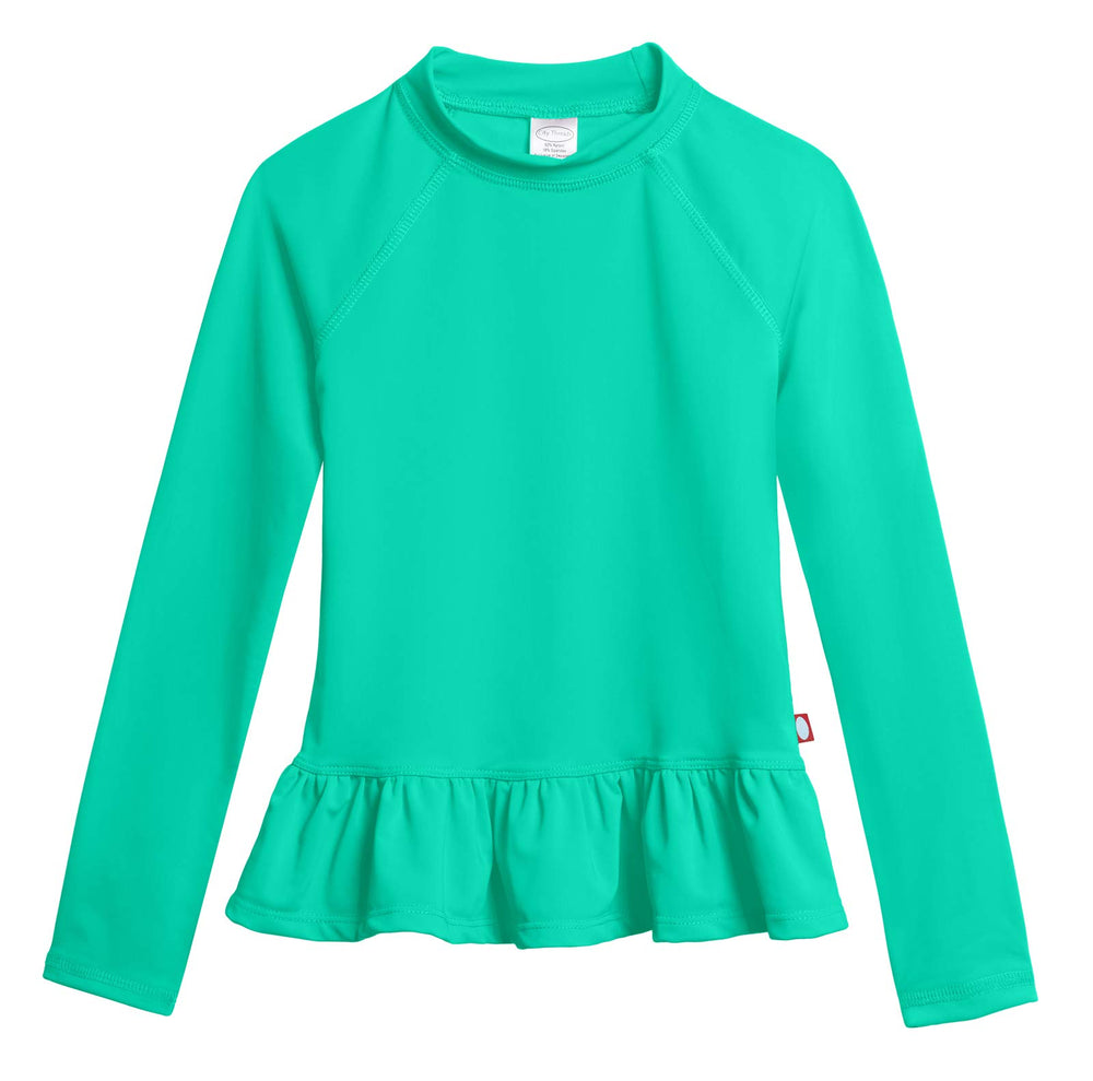 City Threads big girls rashguard aqua front view with SPF 50+ sun protection for beach days