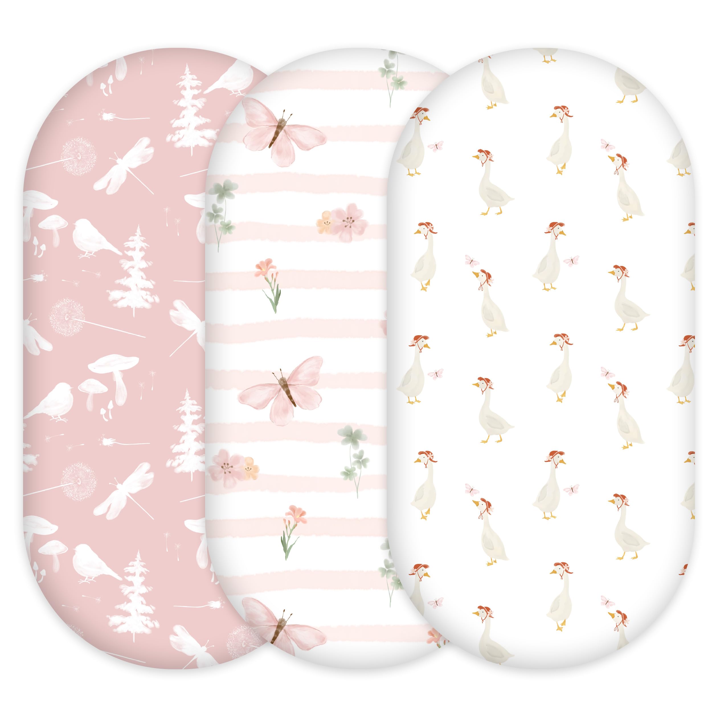 Civarua Kids 3-pack bassinet sheets in pink butterfly for soft, cozy sleep.
