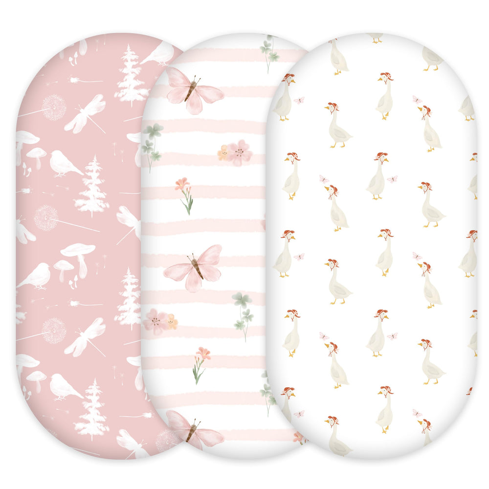 Civarua Kids 3-pack bassinet sheets in pink butterfly for soft, cozy sleep.