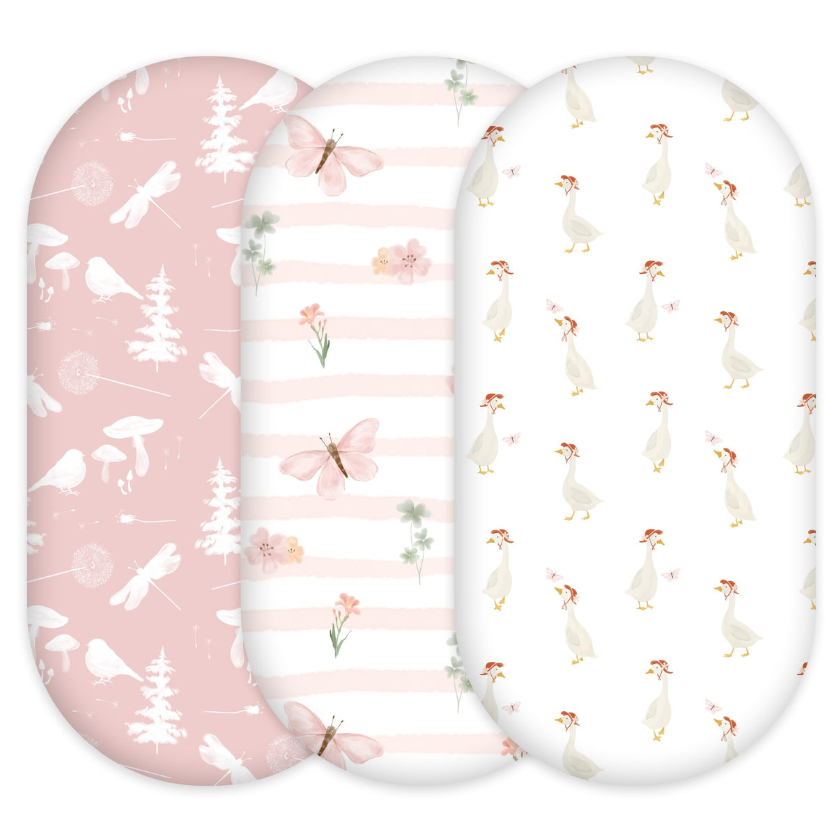 Civarua Kids 3-pack bassinet sheets in pink butterfly for soft, cozy sleep.