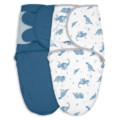 CIVARUA KIDS baby swaddle blue dinosaur front view for a secure wrap