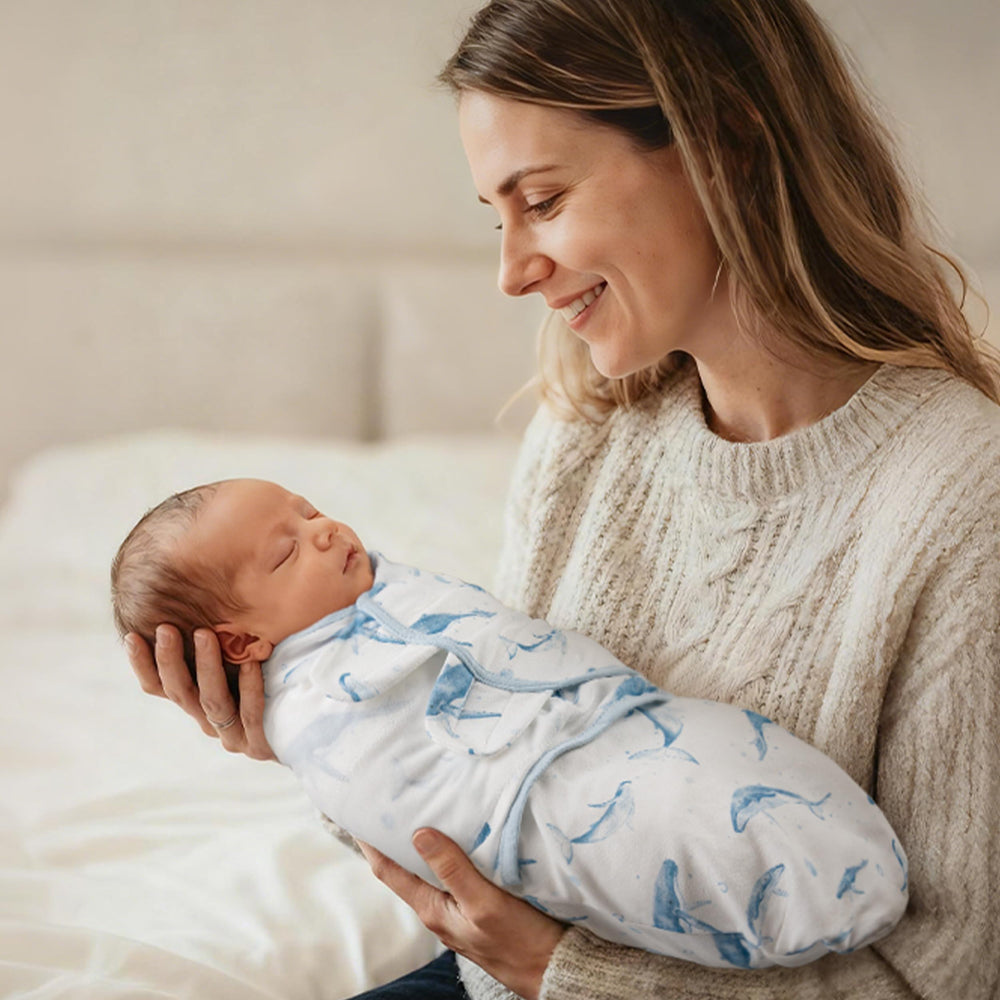 CIVARUA KIDS model wearing whale-pattern swaddle for peaceful sleep readiness