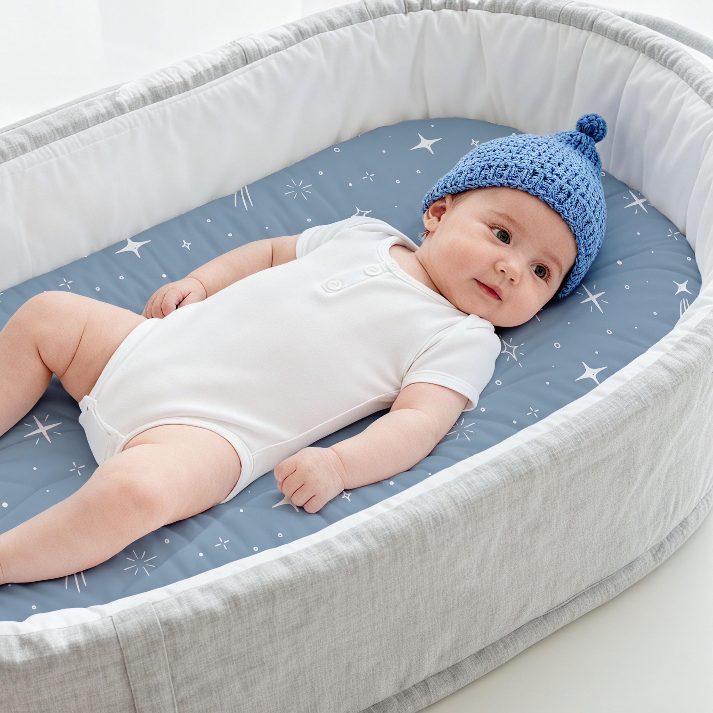 CIVARUA KIDS bassinet sheets on mattress show universal fit for rectangle, oval, and round shapes.