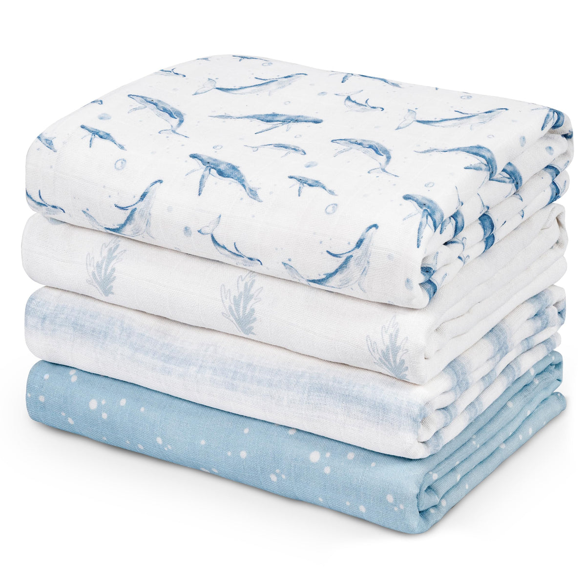 CIVARUA KIDS blue whale muslin swaddle blanket in a 4-pack, ultra-soft and breathable.