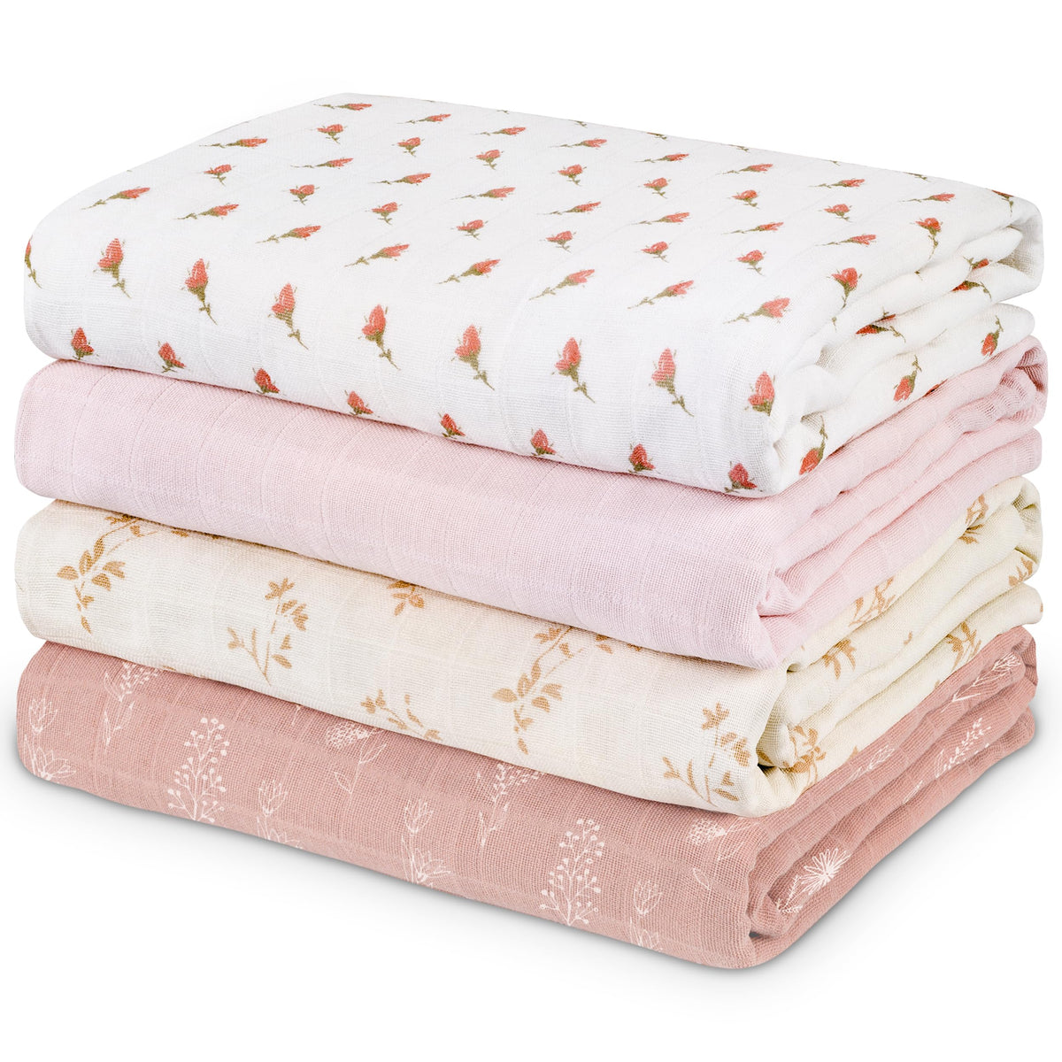 Civarua Kids muslin swaddle blankets flowers design four-pack, ultra-soft and breathable for newborns.