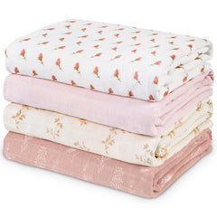 Civarua Kids muslin swaddle blankets flowers design four-pack, ultra-soft and breathable for newborns.