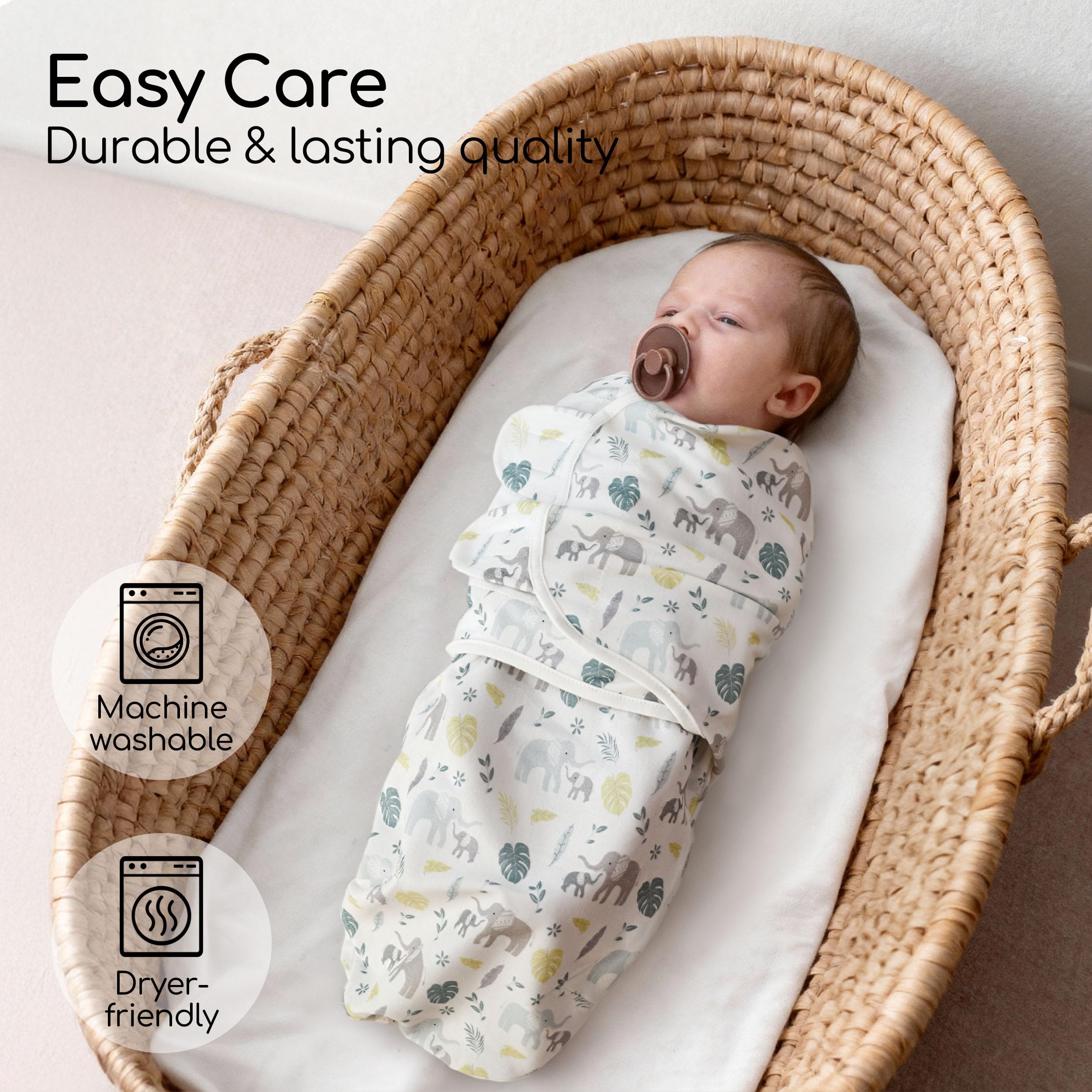 Sage Elephant design swaddle provides cozy look for bedtime comfort.