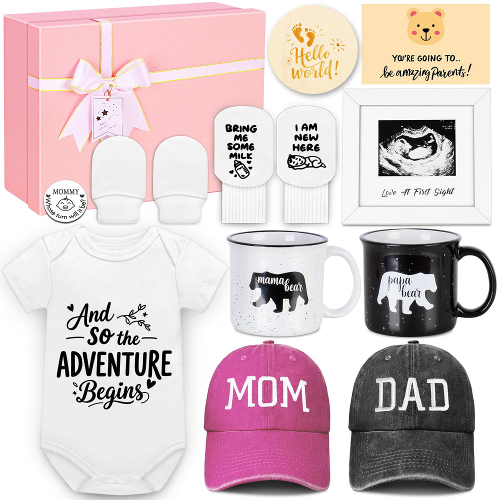 Ciyufavo gift basket with hats and mugs for expecting parents.