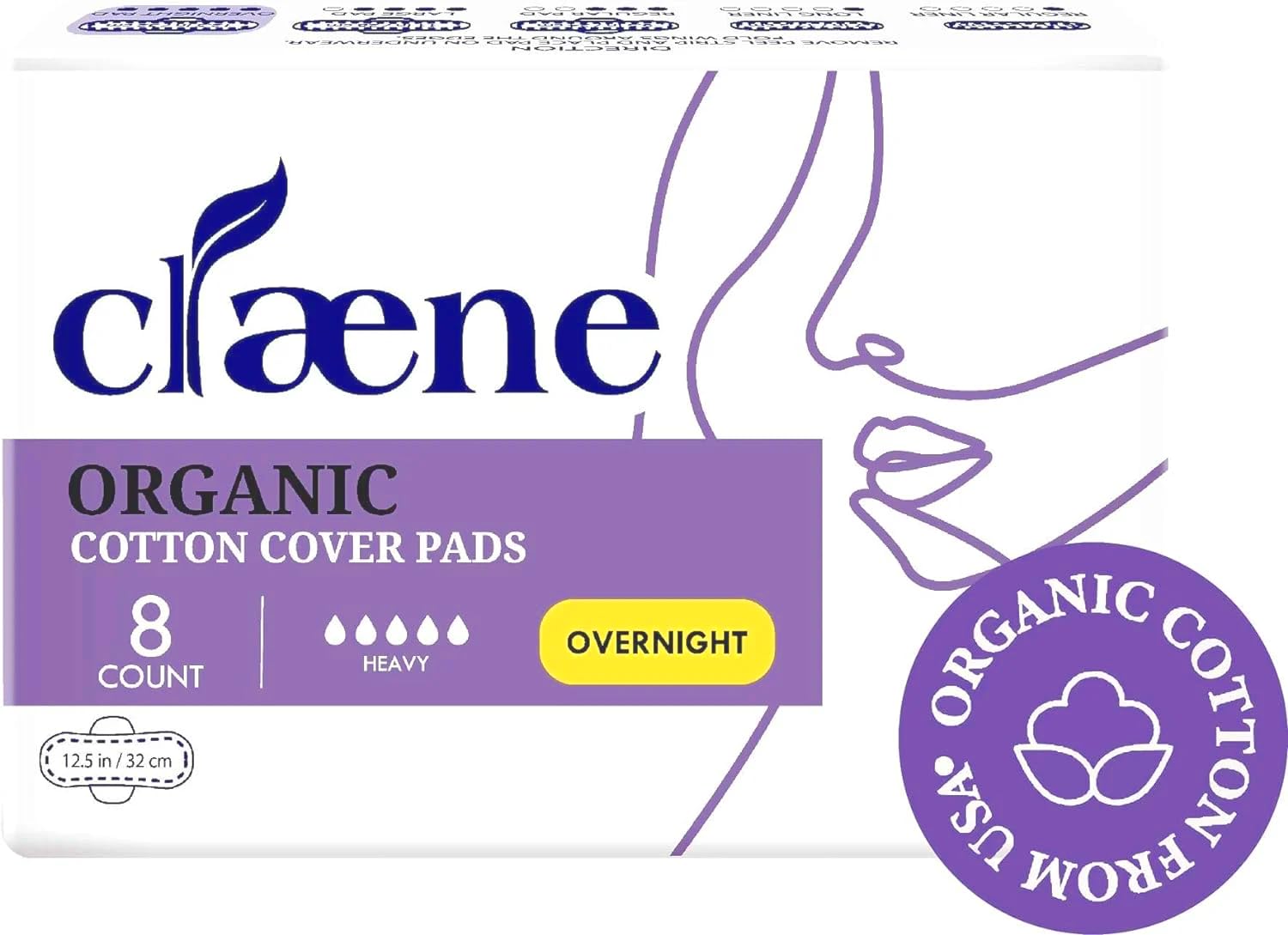Claene organic cotton cover overnight pad with wings for secure, dry overnight protection.