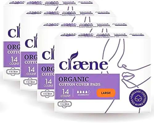 CLAENE organic cotton cover pad packaging shows a clean, unscented daily-use protection.