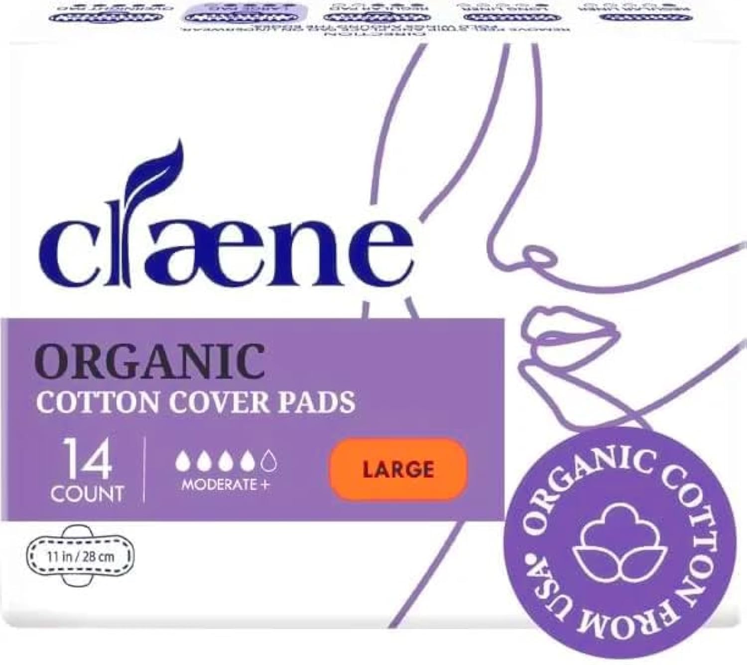Claene Organic Cotton Cover Pads packaging highlights cruelty-free, eco-friendly care for daily protection.