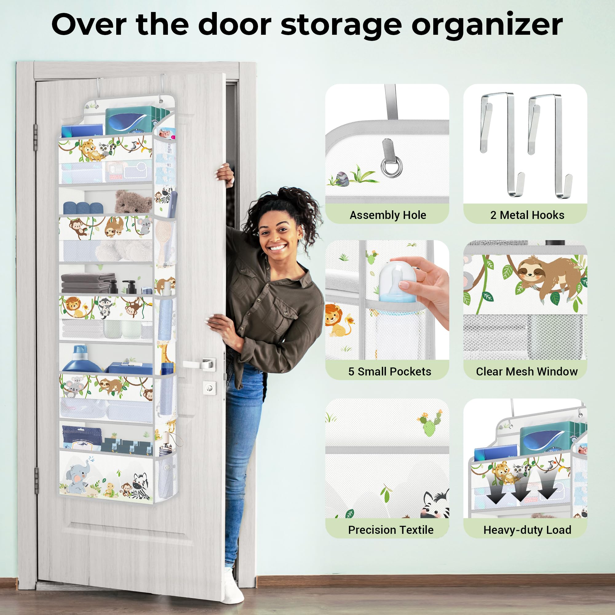 Clastyle large-capacity door organizer stores diapers, towels, and clothes efficiently.