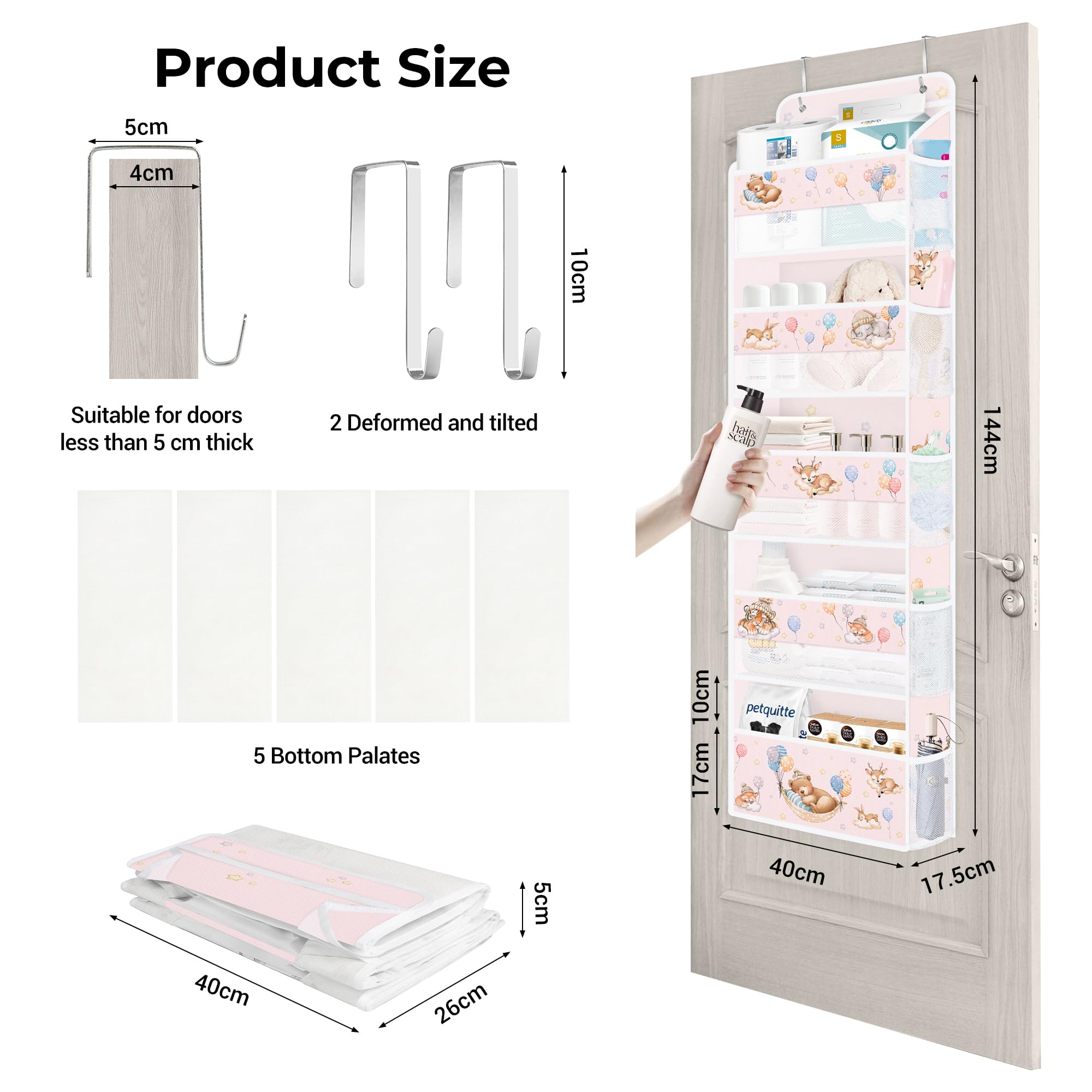 Clastyle 5-tier door hanging storage maximizes space behind doors in bedrooms and bathrooms.