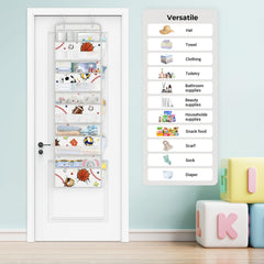 Clastyle 5-tier door organizer holds clothes, towels, and snacks neatly behind a door.