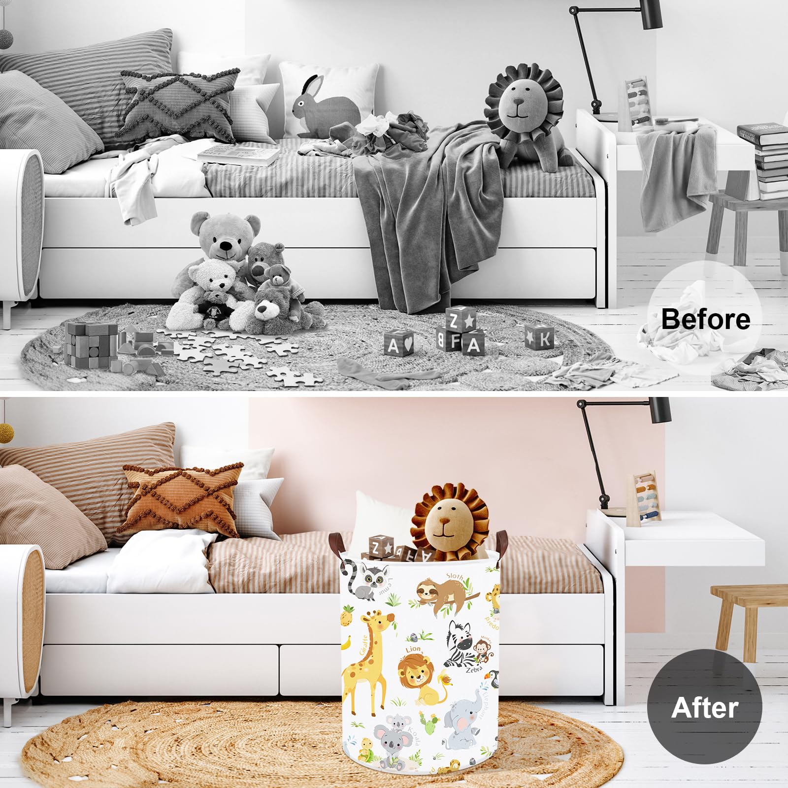 Clastyle alphabet animal hamper featuring a lion motif for kid's room organization