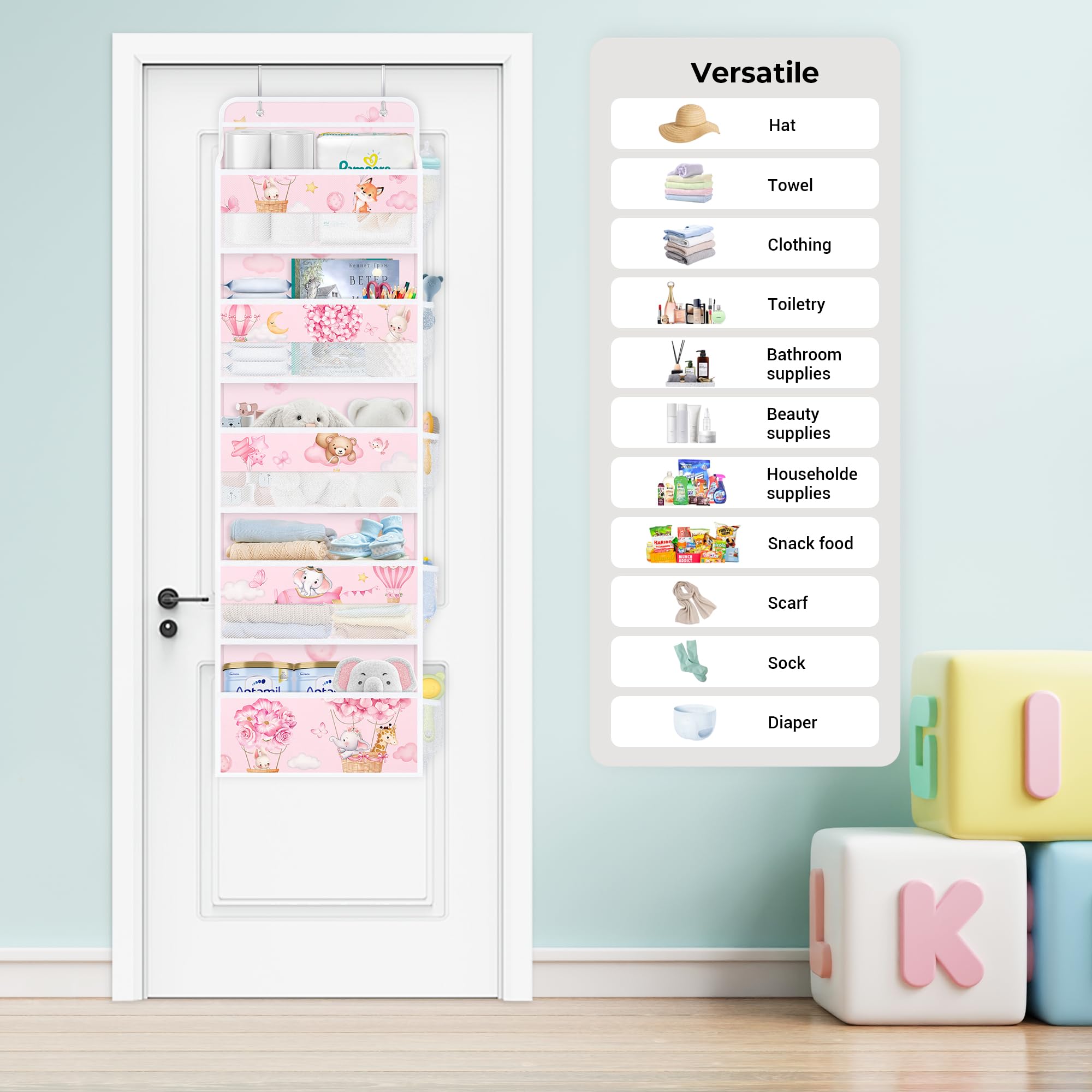 Clastyle 5-tier door organizer stores toys, diapers, and essentials within reach.